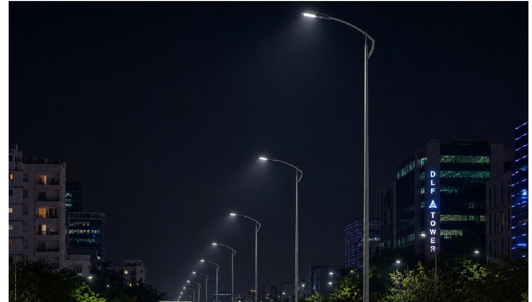 Smart Conical street lighting pole illuminated at night