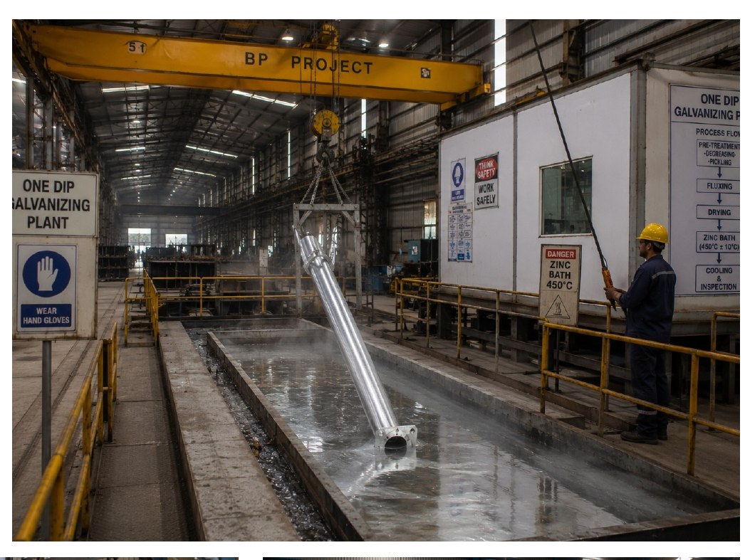 One-dip galvanizing plant, pole being lowered into the zinc bath