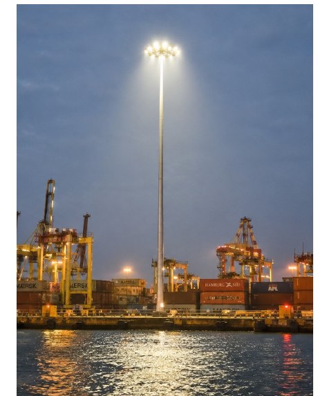 High mast lighting a port and dockyard at night