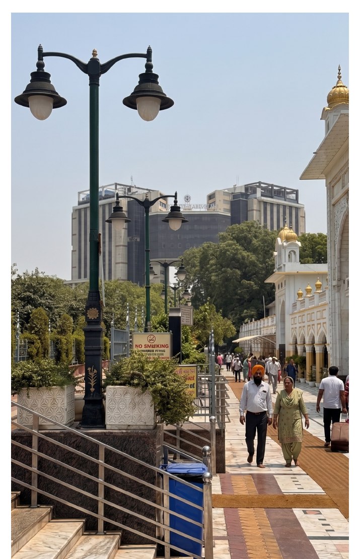 Modern ornamental pole lighting a pedestrian walkway
