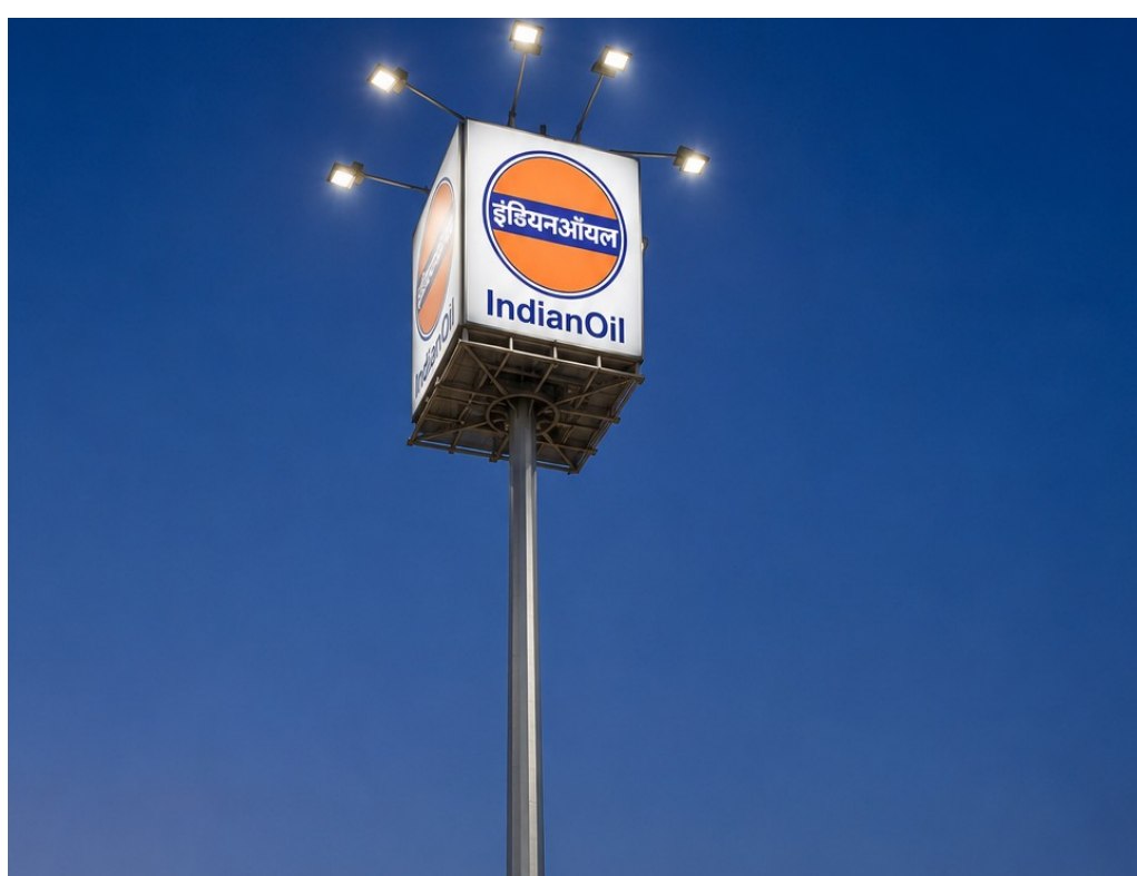IndianOil branded signage mast at dusk