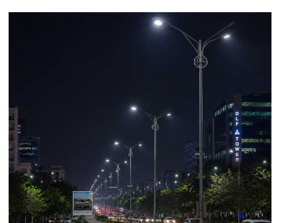 BPP branded street lighting pole illuminated at night