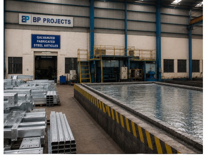 Finished galvanized poles stacked at the BPP warehouse